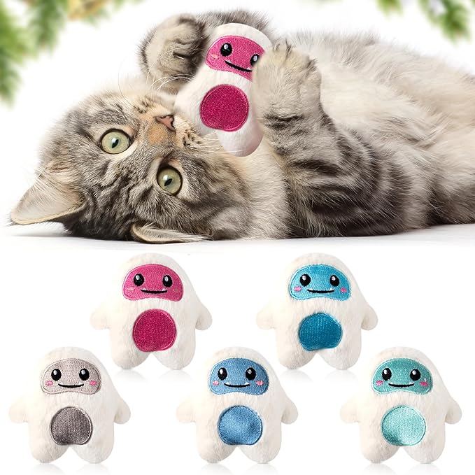 MALLMALL6 Snow Monster Catnip Toys - 5Pcs Funny Catmint Interactive Cat Toy for Indoor Kitten, Soft Plush with Cute Expression Supplies, Kitty Teething Chew Toy Set Xmas Gifts for Cat Lover