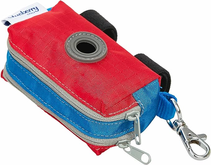 Blueberry Style Dog Waste Bag Dispenser, True Red, Color-Block Trash Bag Dispenser with 2 Auto Locking Zipper, Dog Poop Bag Holder Leash Attachment, Includes 1 Roll of Free Poop Bags