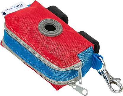 Blueberry Style Dog Waste Bag Dispenser, True Red, Color-Block Trash Bag Dispenser with 2 Auto Locking Zipper, Dog Poop Bag Holder Leash Attachment, Includes 1 Roll of Free Poop Bags