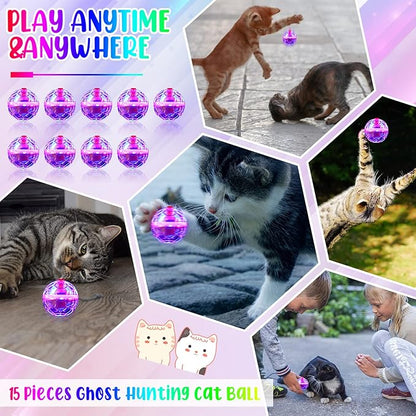 CHENGU 15 Pieces Ghost Hunting Light up Cat Balls Motion Activated Interactive Pet Toy Small LED Glowing Pet Ball for Animal Dog Running Activity Indoor Supplies, 1.38 x 1.5