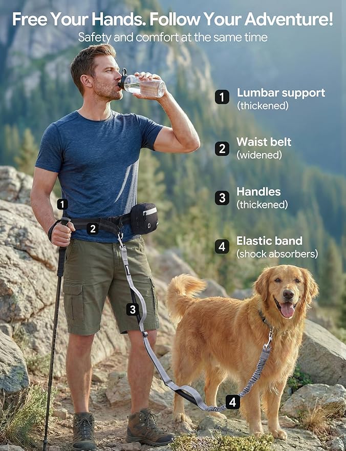 Dog Leash Hands Free, Walking Waist Belt with Pouch Removable & Multifunctional|Shock Absorbing Bungee| Thickened Lumbar pad & Comfortable Dual Handles|Dog Running and Training,for 33-120lbs Dogs