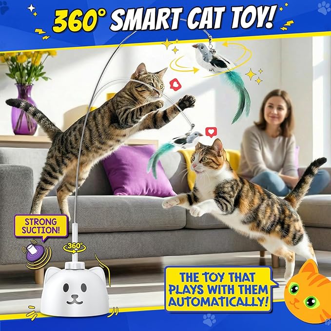 Interactive Cat Toys for Indoor Cats - Automatic Flying Bird Feather Toy, USB Rechargeable Electric Cat Teaser with Strong Sticky Base, Smart Motion Self-Play Toy for Bored Cats(Yellow)