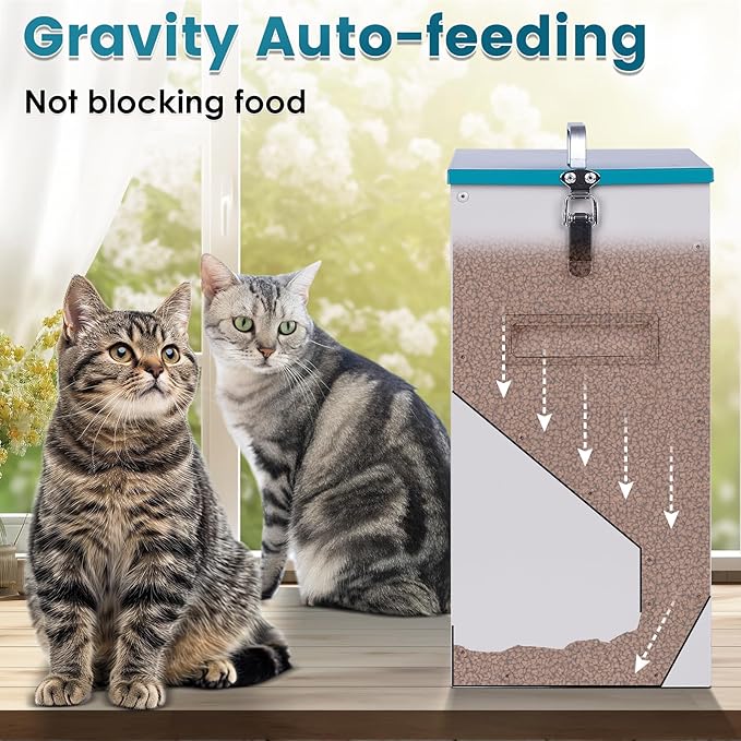 Automatic Cat Feeder for 2 Cat, 42cups/10L Automatic Pet Feeder for Dogs and Cats, Multiple Cats Feeder Outdoor Large Capacity Galvanized Steel Gravity Pet Dog Dry Food Dispenser (10L)