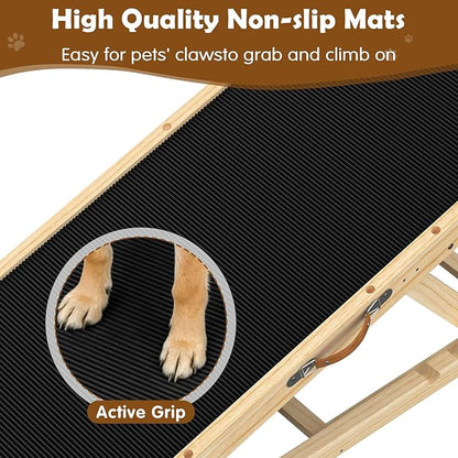 55.11" Adjustable Dog Ramp for Bed - Upgraded Wooden Pet Ramp with Non-Slip Silicone Surface and Side Rails, 6 Height Settings (19.68-27.55"), Holds Up to 250lb, Pet Stairs for Senior & Large Dogs
