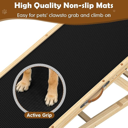55.11" Adjustable Dog Ramp for Bed - Upgraded Wooden Pet Ramp with Non-Slip Silicone Surface and Side Rails, 6 Height Settings (19.68-27.55"), Holds Up to 250lb, Pet Stairs for Senior & Large Dogs