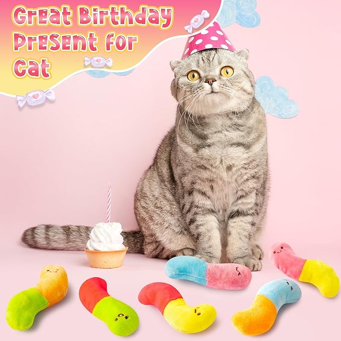 L1rabe Worm Candy Catnip Stuffed Toys - 6P Summer National Pet Day Worm Organic Cat Toys Funny Indoor Chew Bite Kick Tools, Interactive Pet Supplies Cat Lovers Kittens Birthday Pet Presents