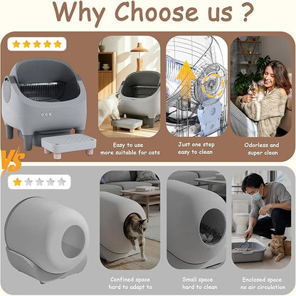 Upgraded Automatic Litter Box with Raised Step, Large Capacity Self Cleaning Litter Box for Multiple Cats with Open Top Design, Safety Protection, Smart App Control, Odor-Free & Health Monitoring