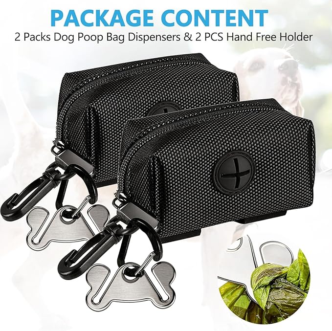 Dog Waste Bag Dispenser Pet Poop Bags Holder for Doggie Waste Bags Dispensers Soft Fabric Zipper Small Doggy Puppy Pouch for Leash Accessory Attachment with Carrier,2PCS Black