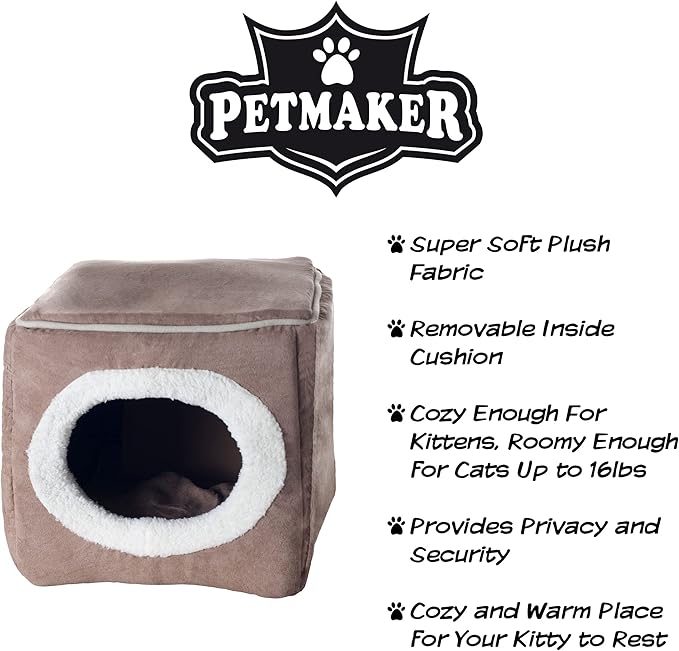 Cat House - Indoor Bed with Removable Foam Cushion - Cat Cave for Puppies, Rabbits, Guinea Pigs, and Other Small Animals by PETMAKER (Light Brown)