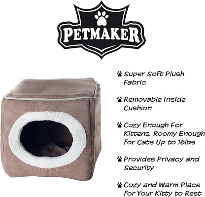 Cat House - Indoor Bed with Removable Foam Cushion - Cat Cave for Puppies, Rabbits, Guinea Pigs, and Other Small Animals by PETMAKER (Light Brown)