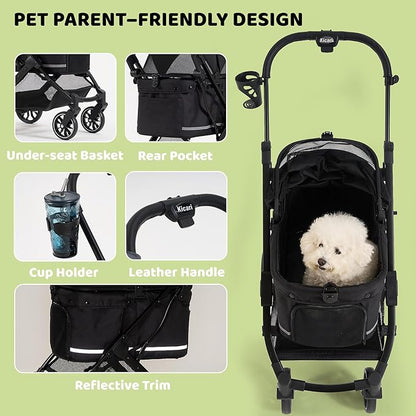 All-Terrain Dog Stroller for Small to Medium Dogs, Pet Stroller for Dogs & Cats Outdoor Walks, One-Hand Easy Fold, Double-Layer Anti-UV & Waterproof Canopy & Breathable Mesh, Samurai Black