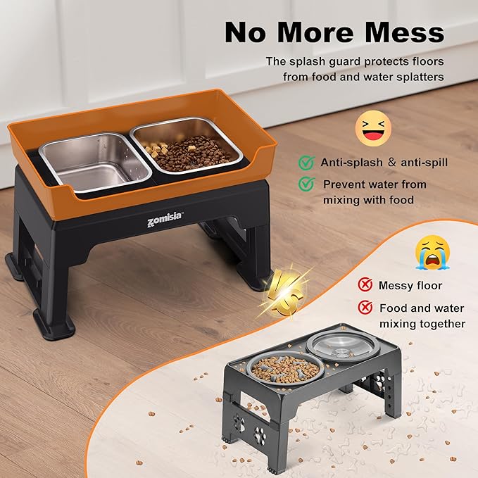 3-in-1 Raised Dog Bowl - 6 Height Adjustable Elevated Dog Bowls Stand, Double Deck Design Mess Proof, Feeding Station with 2 Stainless Steel Bowls & Licking Plate for Small Medium Large Pets