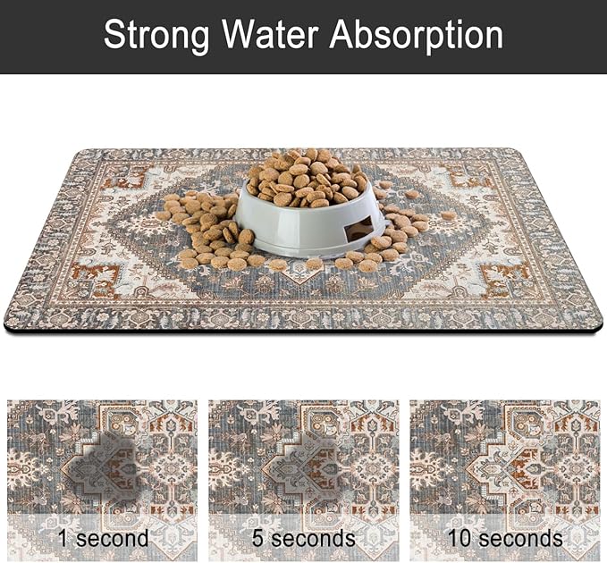 Dog Food Mats for Floors, Absorbent and Quick-Drying Pet Cat Food Mat,Anti-Fouling and Easy-to-Clean Pet Feeding Mat,Dog Bowl Mat for Messy Drinking Water Bowls.17 x27, Bohemia Style