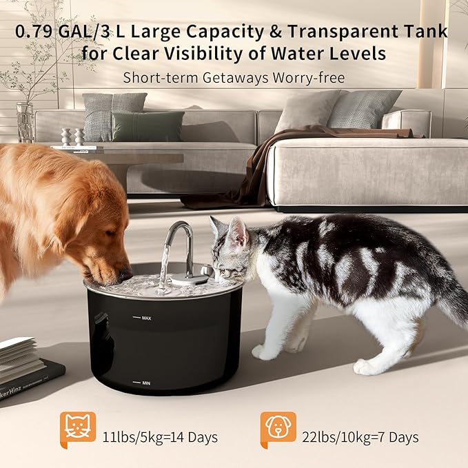 Cat Water Fountain Stainless Steel Lid, Corded 3L/101oz Pet Water Fountain, Dog Waterer with Quiet Pump and 4-Layer Filtration for Cats and Dogs