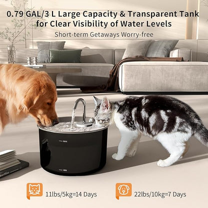 Cat Water Fountain Stainless Steel Lid, Corded 3L/101oz Pet Water Fountain, Dog Waterer with Quiet Pump and 4-Layer Filtration for Cats and Dogs