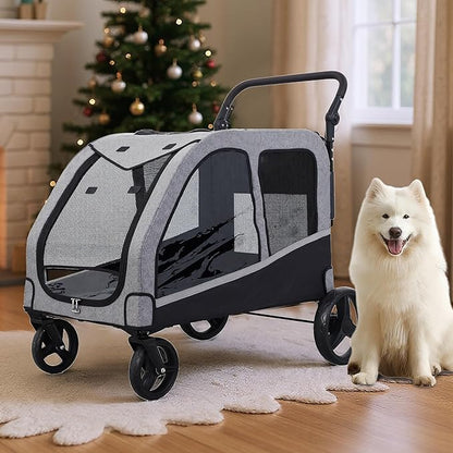 Large Dog Stroller for Medium/Large Dogs up to 130 lbs, Foldable Pet Stroller with 4 Wheels, Adjustable Handle, Heavy Duty Dog Carriage for Senior, Disabled, Injured Pets, Grey