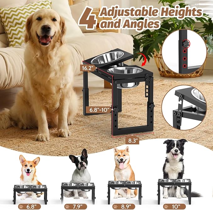 Dog Bowls Elevated, 4 Height(6.8" to 10") & Angle (0-20°) Adjustable Raised Dog Bowl Stand, Elevated Dogs Bowl Stand for Medium Sized Pet, Sturdy Metal Dogs Feeding Station with 2X 33oz (4cup) Dishes