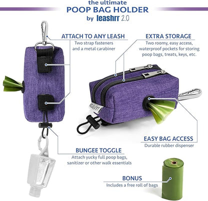 Dog Poop Bag Holder for Leashes - Dog Poop Bag Dispenser and Treat Holder with 2 Waterproof Pouches for Pet Waste Bags and Walking Accessories + 1 Free Roll - Leashrr 2.0 (Purple)