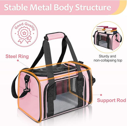 Discala Cat Dog Carrier Up to 15 Lbs TSA Airline Approved Pet Carrier for Small Medium Cats Puppies Dog Carriers for Small Dogs Collapsible Soft Sided Cat Travel Carrier - Pink 15.7"x10.2"x10.2"