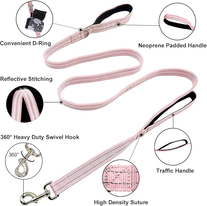 Dual Padded Handle Walking And Training Standard Leashes For Large Dogs With Reflective Stitching, 360° Rotatable Heavy Duty Metal Buckle,D-Ring,Durable Nylon,6Ft Long For Big Dogs Over 70 Pounds Pink