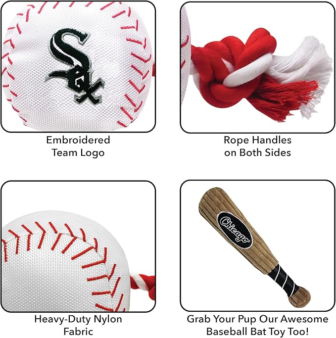 MLB CHICAGO WHITE SOX Baseball Rope Toy for DOGS & CATS. Tough nylon, Sporty Baseball Design, Heavy-duty ropes with Inner SQUEAKER