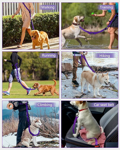 Hands Free Dog Leash, Multifunctional Crossbody Dog Leash, 5.9-9.5Ft Long Waist Belt with Car Seatbelt and Double-Sided Reflective Stitches for Medium and Large Dogs Walking, Jogging(Purple)