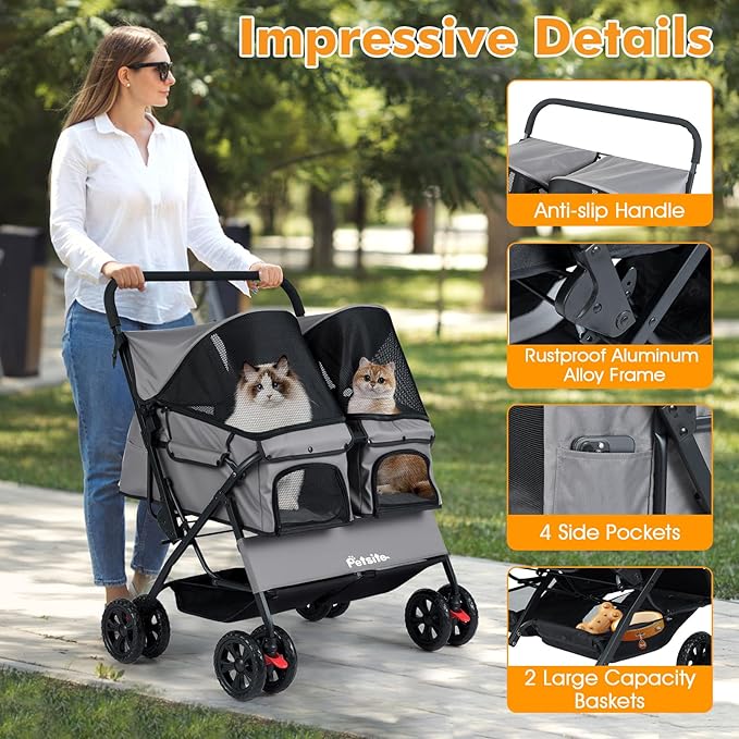 PETSITE Double Pet Stroller, Foldable Double Dog Stroller with 2-Seater Carrier, Adjustable Sunshade, Removable Pad, Safety Belt, Storage Basket, 4-Wheel Pet Travel Cart for 2 Puppies & Cats (Grey)