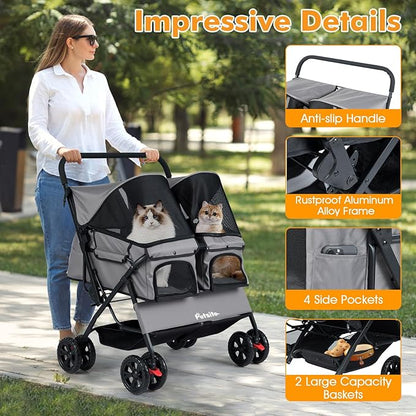 PETSITE Double Pet Stroller, Foldable Double Dog Stroller with 2-Seater Carrier, Adjustable Sunshade, Removable Pad, Safety Belt, Storage Basket, 4-Wheel Pet Travel Cart for 2 Puppies & Cats (Grey)