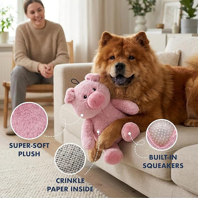 Pet Lou 15 Inch Pig Plush Dog Chew Toy with Squeakers & Crinkle Paper, Super-Soft Durable Plush, Interactive Stuffed Dog Toy for Indoor & Outdoor Play, Pink