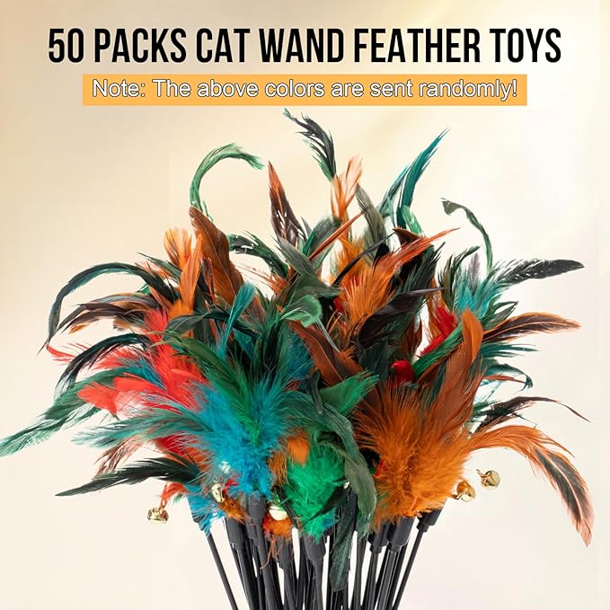 Leitee 50 Pcs Cat Wand Toy Feather Stick Cat Toy Bulk Feather Toys and Teaser Wand Bulk Interactive Stick for Indoor (Multi-Color)