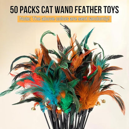 Leitee 50 Pcs Cat Wand Toy Feather Stick Cat Toy Bulk Feather Toys and Teaser Wand Bulk Interactive Stick for Indoor (Multi-Color)