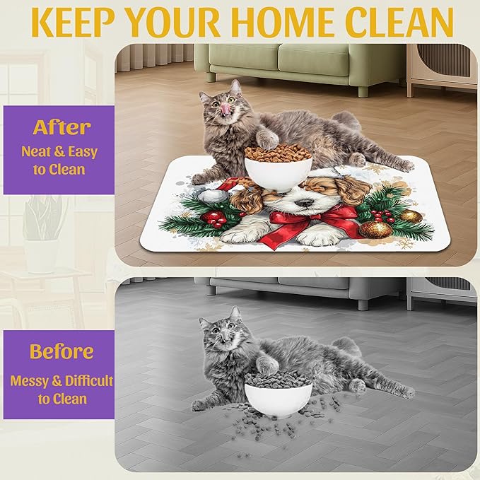 Christmas Dog and Cat Food Mat, Absorbent Feeding Placemat, Waterproof Non-Slip Rubber Base – 16x24 Inch