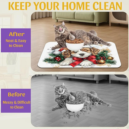 Christmas Dog and Cat Food Mat, Absorbent Feeding Placemat, Waterproof Non-Slip Rubber Base – 16x24 Inch