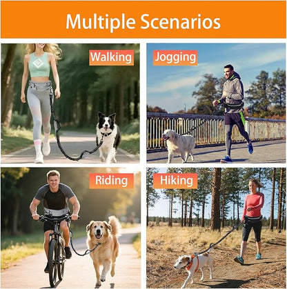 4 in 1 Hands Free Waist Dog Leash, Crossbody Leash with Pouch, Retractable Bungee Shock Absorption, Anti-Burst Design, Reflective, for Medium to Large Dogs (02-Black)