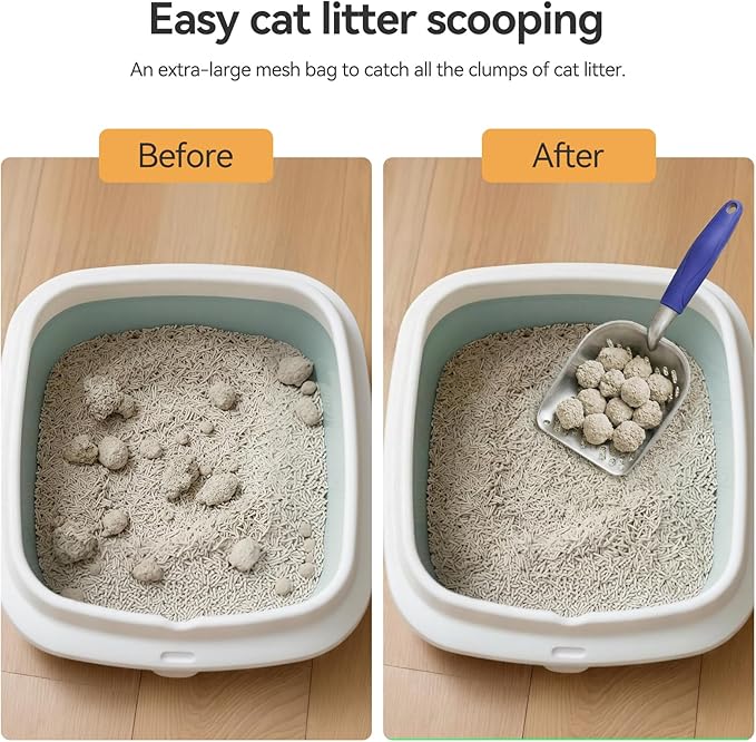 Cat Litter Scoop, Metal Scooper for Cat Box, Aluminum Alloy Sifter, Deep Shovel Poop Cleaner, Long Handle Ergonomic Grip, Rustproof Waterproof Construction, Design for Litter Box Cleaning