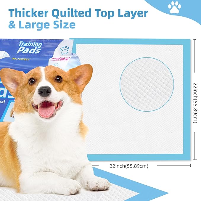 Roypet 22" x 22" Puppy Training Pads in Bag, 5-Layer Leak-Proof Design and Quick-Dry, Surface for Potty Training, Ultra Absorbent and Odor Eliminating, 100 Count, Blue & White