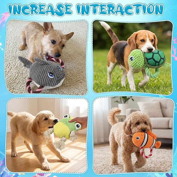 5 Pack Ocean Dog Toys Rope Plush Interactive Squeaky Rope Tug of War Dog Toys for Small Medium Large Dogs