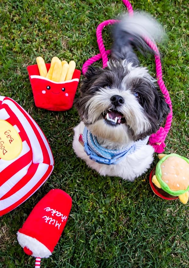 Glow Pups Dog Toy French Fries, Squeaky Plush Food Parody Toy, Easy to Clean, Promotes Mental Stimulation, Keeps Dog Entertained, 6" x 5", Red Plush Toy