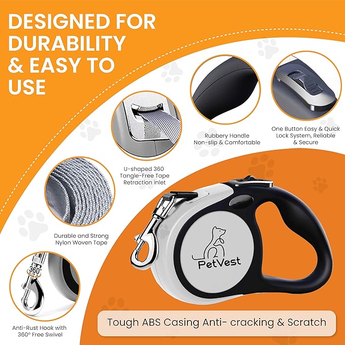 Dual Retractable Dog Leash,10 FT Tangle-Free Leash for 2 Dogs, Detachable for Single Use,One-Button Brake & Lock, Up to 44 lbs Each, 360° Swivel, Non-Slip Handle + Poop Bag Holder (Grey)