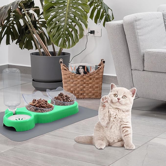 Triple Cat Bowls with Water Dispenser, Pet Whisker Friendly Water and Food Bowl Set with Non-Slip Mat, 15° Tilted Double Feeding Bowls, Elevated Wet and Dry Food Dish for Kitten&Small Dog (Mint)