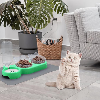 Triple Cat Bowls with Water Dispenser, Pet Whisker Friendly Water and Food Bowl Set with Non-Slip Mat, 15° Tilted Double Feeding Bowls, Elevated Wet and Dry Food Dish for Kitten&Small Dog (Mint)