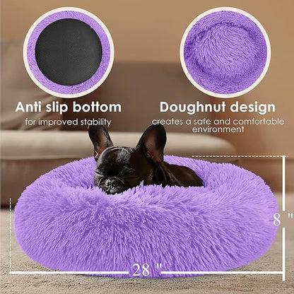 28in Large Dog Bed, Medium Size Dog and Cats, Calming Donut Bed for Puppy and Kitten, Washable Round Fluffy Pet Bed (Purple)