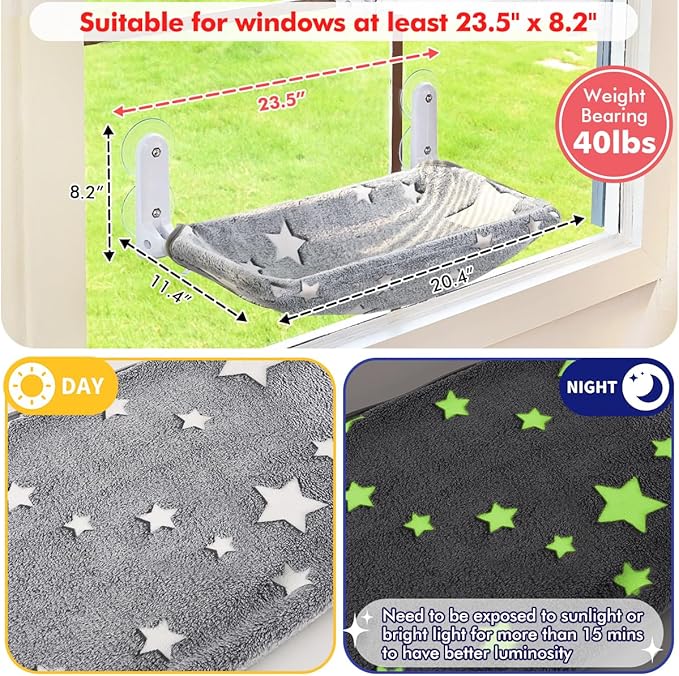 Cat Window Perch, Glow in The Dark Cordless Foldable Pet Hammock Bed for Window with Sturdy Metal Frame, Glowing Stars Pattern Resting Seat for Indoor Cats (Stars - M)