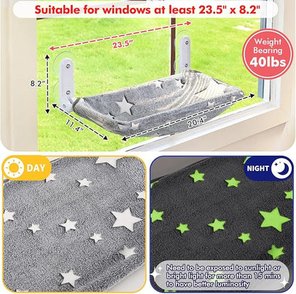 Cat Window Perch, Glow in The Dark Cordless Foldable Pet Hammock Bed for Window with Sturdy Metal Frame, Glowing Stars Pattern Resting Seat for Indoor Cats (Stars - M)