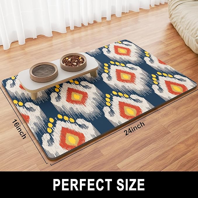 Dog Food Mat, 16" x 24" Boho Absorbent Dog Cat Bowl Mat for Food and Water, Cute Anti-Slip Rubber Pet Feeding Rug Protect Floors, Placemat for Feeding & Watering Supplies, Abstract Art