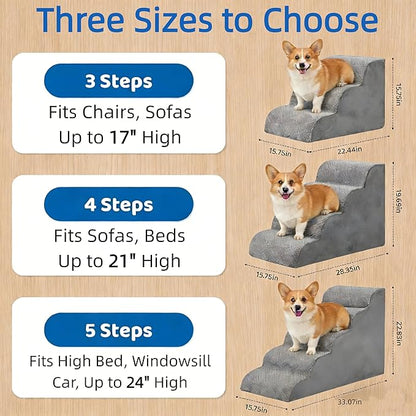 Simple Deluxe Dog Stairs for Small Dogs, 3-Step Curved Dog Step for Puppy, Older Cat, Medium Pet Ramp for Sofa, Couch or Chair, Indoor Non-Slip Pet Ladder with High Density Foam, Gray