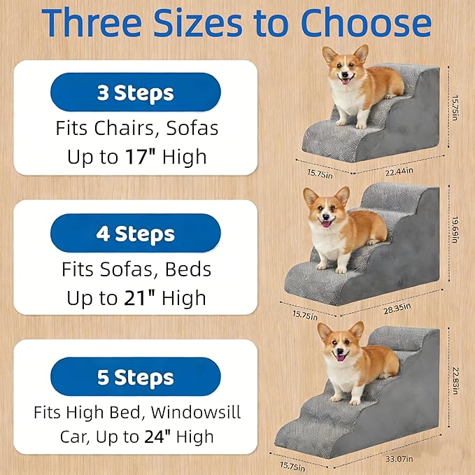 Simple Deluxe Dog Stairs for Small Dogs, 4-Step Curved Dog Step for Puppy, Older Cat, Medium Pet Ramp for Sofa, Couch or Chair, Indoor Non-Slip Pet Ladder with High Density Foam, Gray