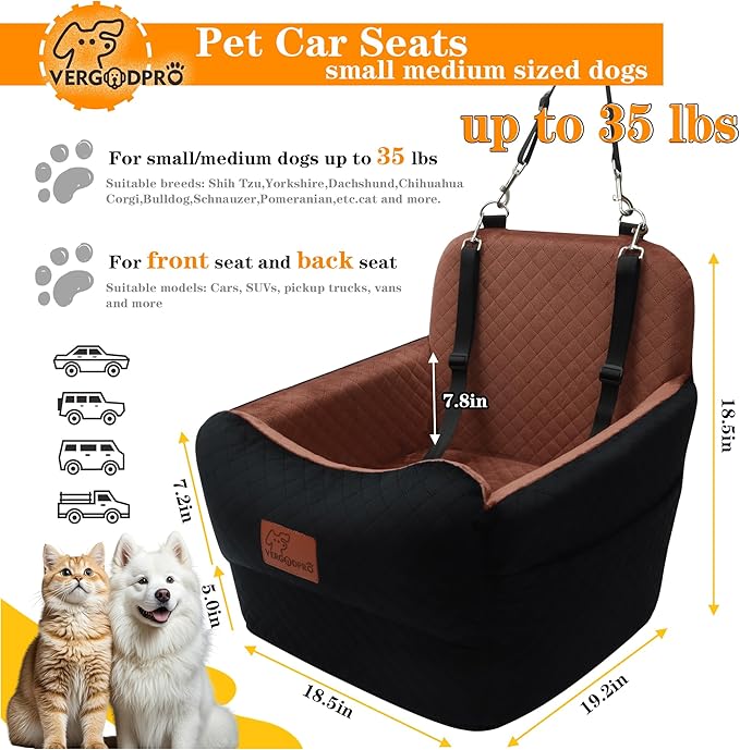 Dog Car Seat for Small Medium Dogs,Portable Pet Booster Seat with Safety Strap & Removable Washable Pad,Memory Foam Dog Travel Bed for Car,SOFE Velvet for Puppies Cats（M-Black/Brown）