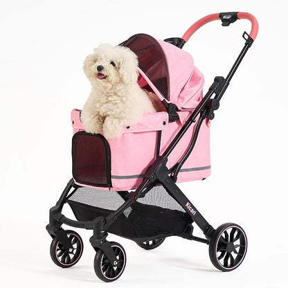 All-Terrain Dog Stroller for Small to Medium Dogs, Pet Stroller for Dogs & Cats Outdoor Walks, One-Hand Easy Fold, Double-Layer Anti-UV & Waterproof Canopy & Breathable Mesh, Sakura Pink