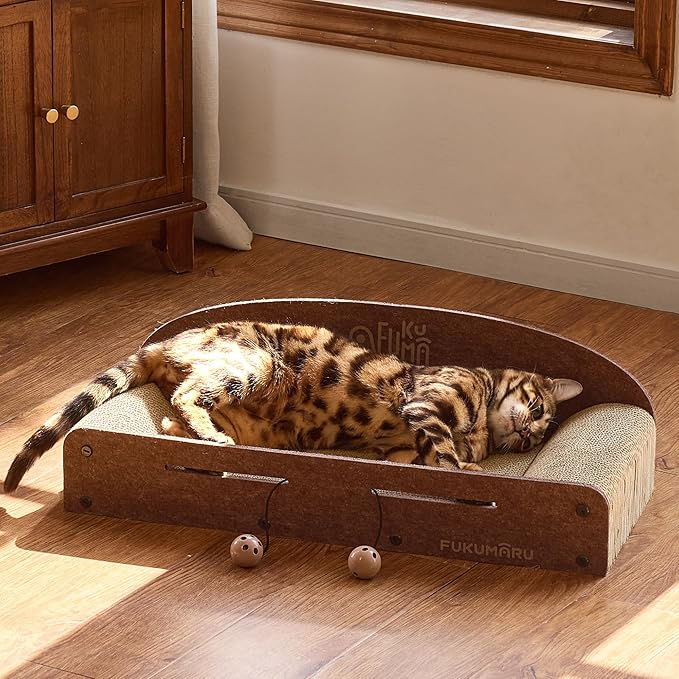 FUKUMARU 26 Inch Cat Scratcher Bed, 2 Reversible Cardboard Cat Scratch Pads Refill for Indoor Cats, Durable Large Cats Scratching Bed Sofa Couch Lounger with Fun Toys, Furniture Protector, Caramel